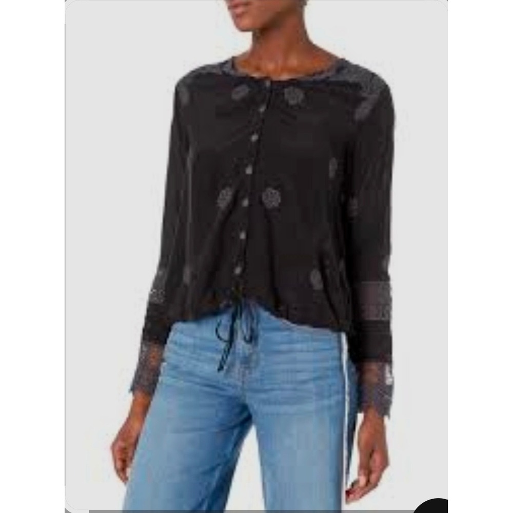 Johnny Was Blouse Women Small Black Embroidered Lace Trim Button Front Rayon